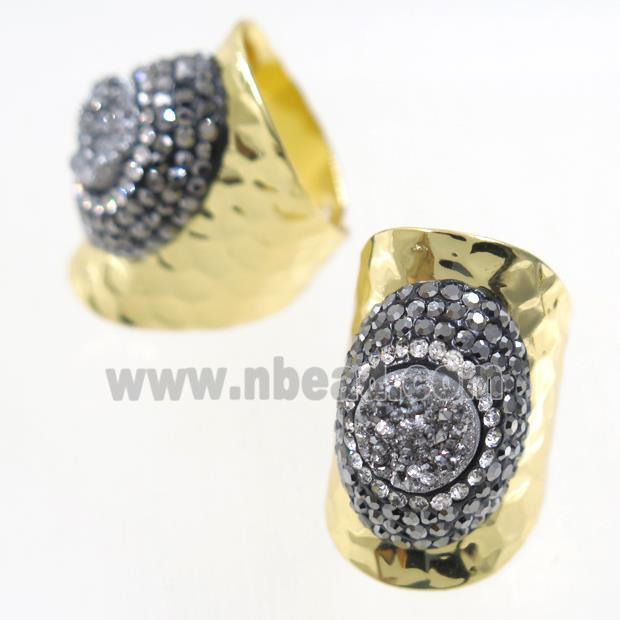 silver Druzy Quartz Copper Ring pave rhineston, gold plated