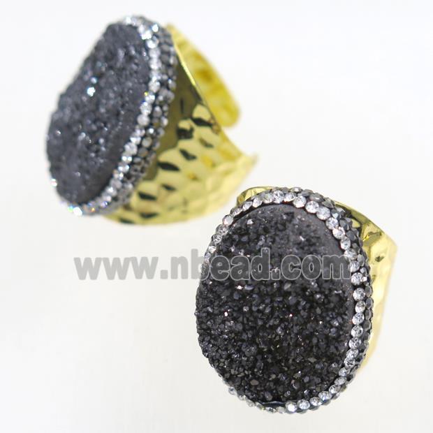 black Druzy Quartz copper Ring paved rhinestone, gold plated