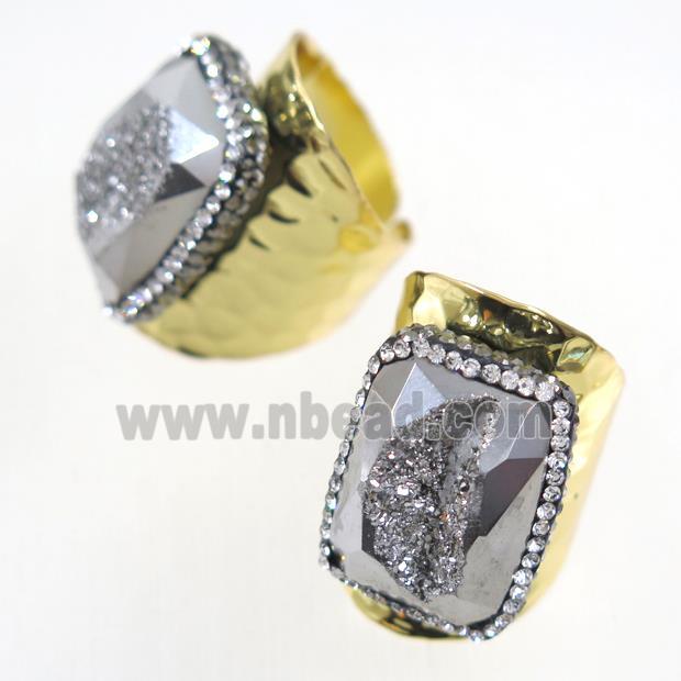 silver Druzy Agate geode copper ring pave rhinestone, gold plated