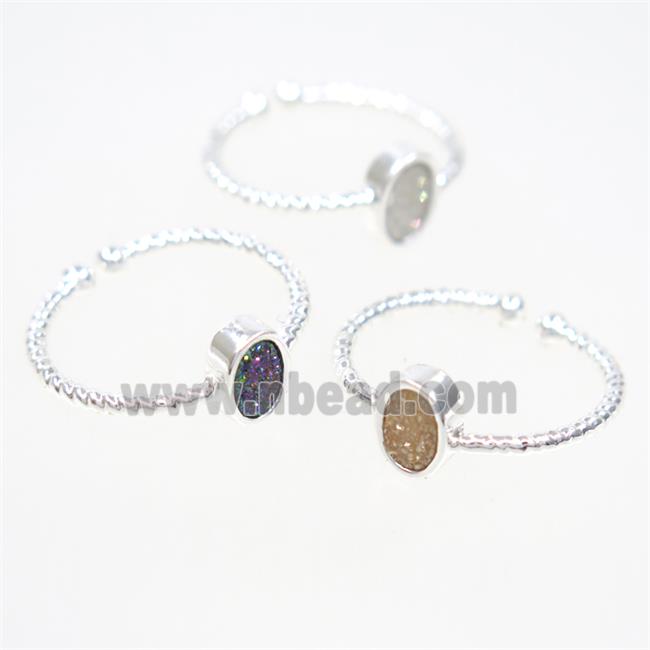mix color druzy quartz ring, oval, silver plated