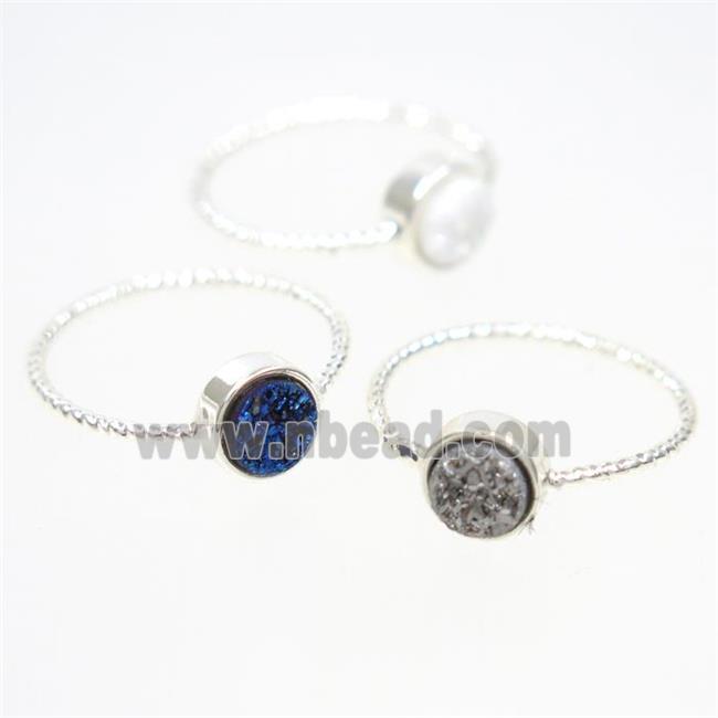 mix color druzy quartz ring, flat circle, silver plated