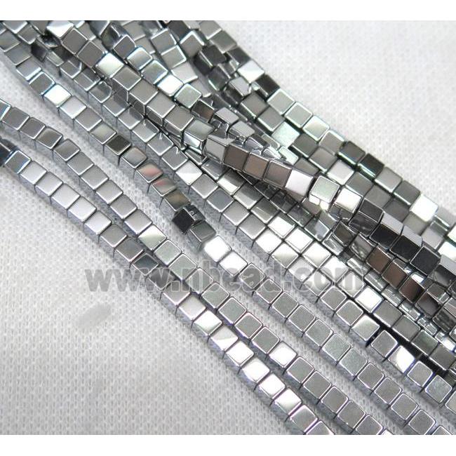 hematite beads, cube, platinum plated