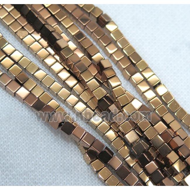 hematite beads, cube, gold plated
