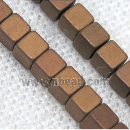 matte hematite beads, cube, red copper