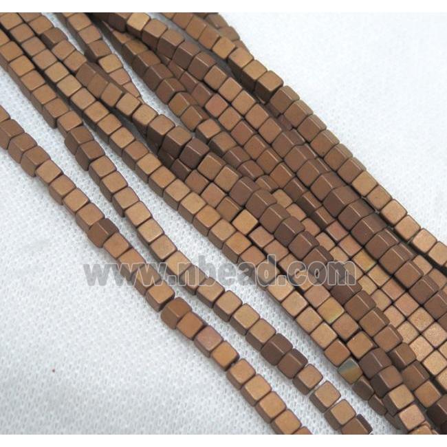 matte hematite beads, cube, red copper