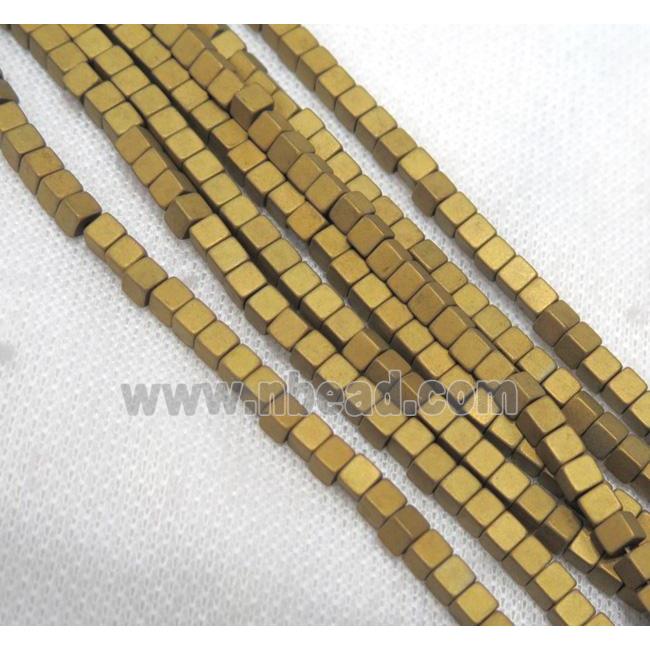 matte hematite beads, cube, gold plated