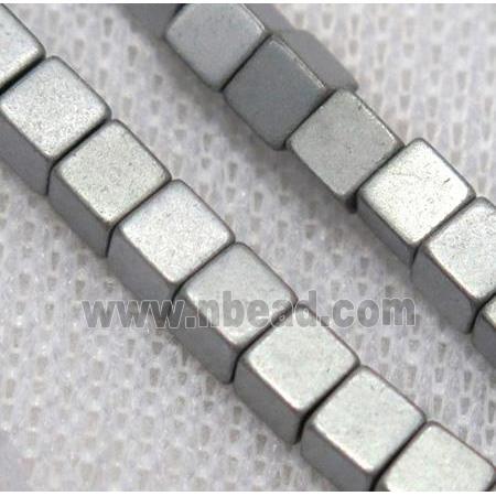 matte hematite beads, cube, platinum plated