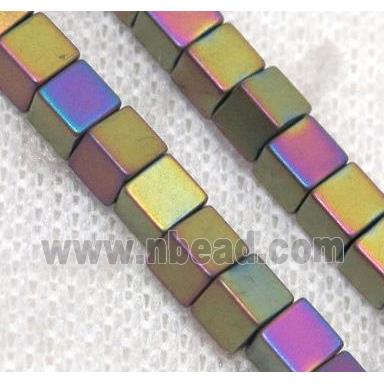 matte hematite beads, cube, rainbow