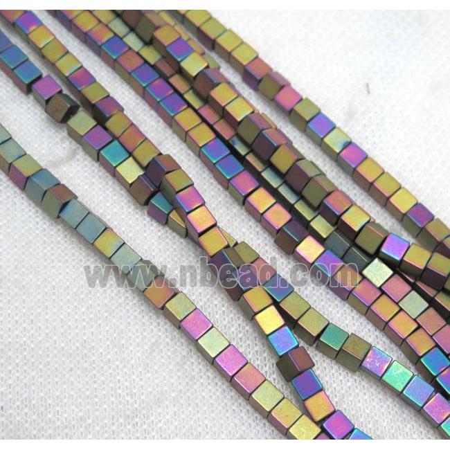 matte hematite beads, cube, rainbow