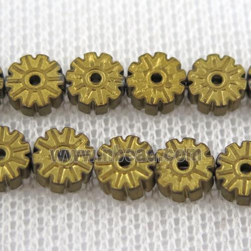 matte Plum blossom Hematite beads, gold plated