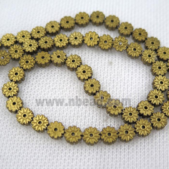 matte Plum blossom Hematite beads, gold plated