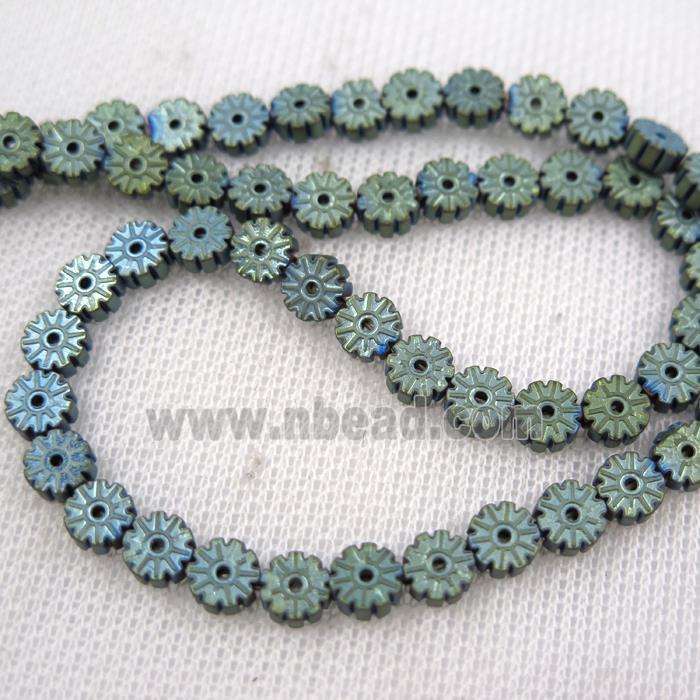 matte Plum blossom Hematite beads, green plated