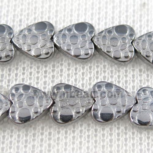 Hematite beads, matte heart, platinum plated
