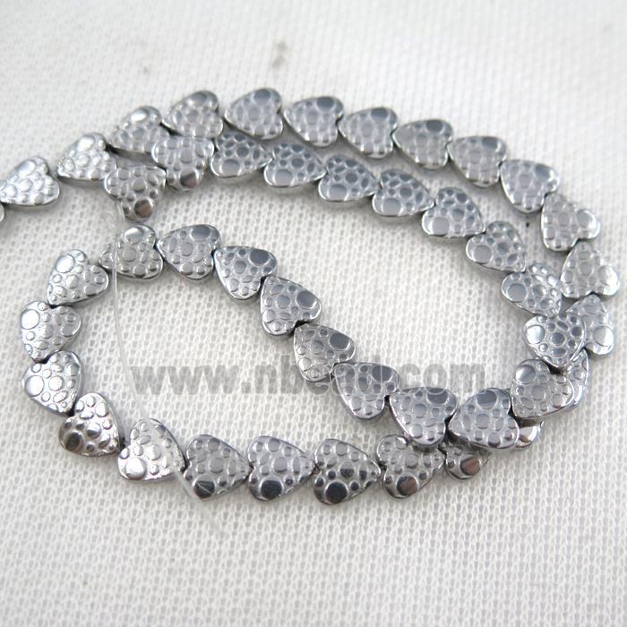 Hematite beads, matte heart, platinum plated