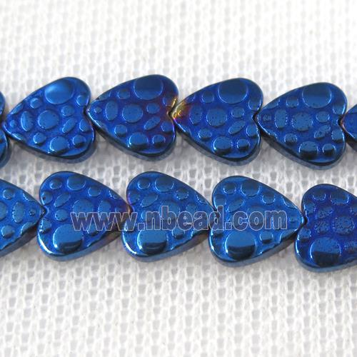 Hematite beads, matte heart, blue plated