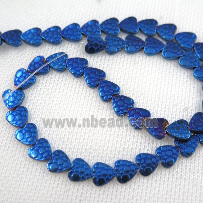 Hematite beads, matte heart, blue plated