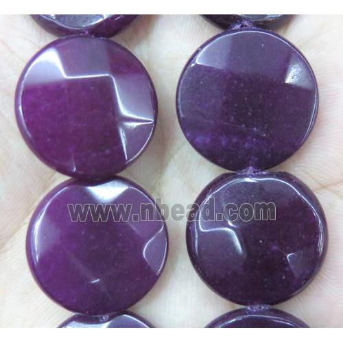 jade bead, faceted flat round, deep purple dye