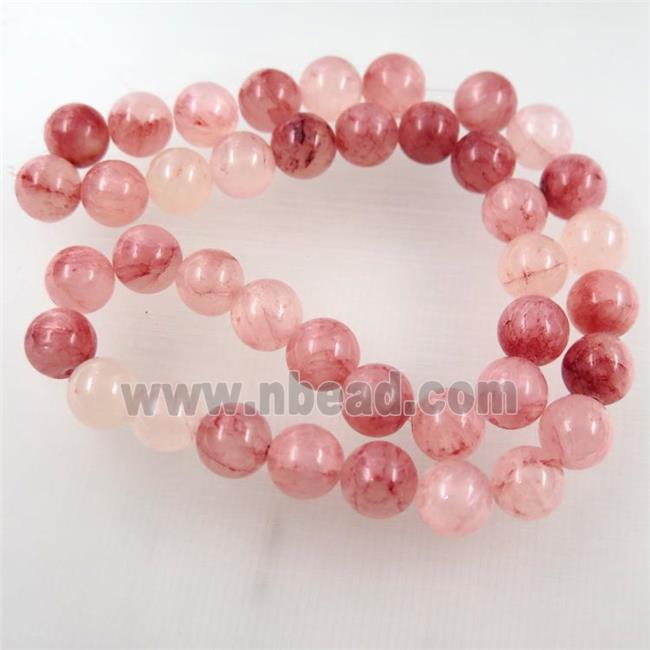 round jade stone bead, Strawberry Quartz dye