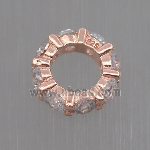 Sterling Silver beads paved zircon, rondelle, rose gold