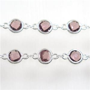 copper chain with lt.purple Chinese crystal glass, silver plated, approx 8mm dia