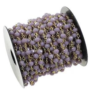 copper chain with purple crystal glass, gold plated, approx 4mm dia