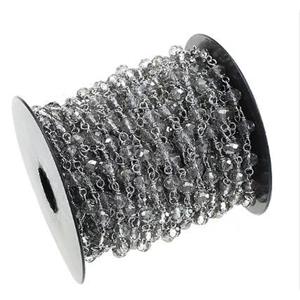 copper chain with gray crystal glass, platinum plated, approx 4mm dia