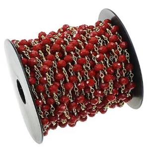copper chain with red crystal glass, gold plated, approx 4mm dia