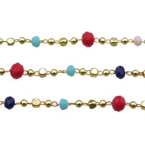 copper chain with crystal glass bead, faceted rondelle, gold plated, approx 2.5mm, 4mm dia