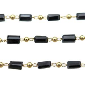 copper chain with black crystal glass beads, tube, gold plated, approx 2.5x5mm