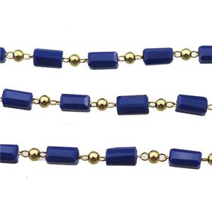 copper chain with crystal glass bead, tube, gold plated, approx 2.5x5mm