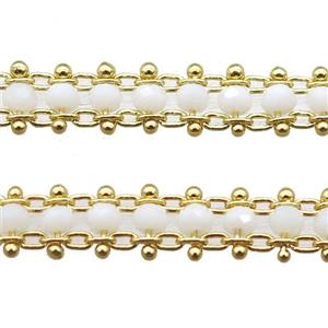 copper chain with crystal glass bead, tube, gold plated, approx 3mm, 6mm wide