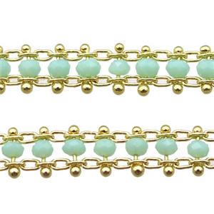 copper chain with crystal glass bead, tube, gold plated, approx 3mm, 6mm wide