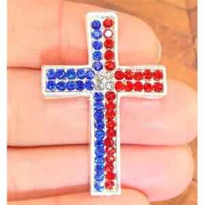 Alloy cross beads paved rhinestone, silver plated, approx 26x40mm, 3mm hole