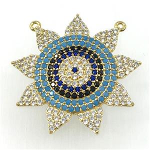 copper sun pendant pave zircon with 2loops, gold plated, approx 30mm dia