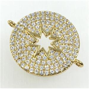 copper button connector pave zircon, north star, gold plated, approx 18mm dia