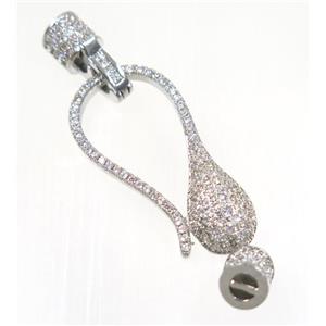 copper clasp paved zircon, platinum plated, approx 15-47mm