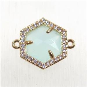 whitegreen crystal glass hexagon connector paved zircon, gold plated, approx 15mm dia
