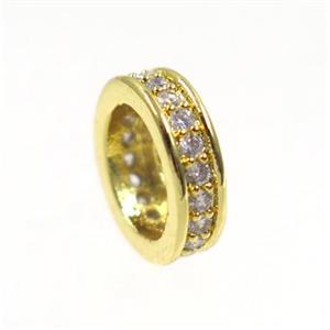copper rondelle beads paved zircon, gold plated, approx 10mm dia