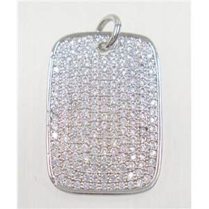 copper rectangle pendant paved zircon, platinum plated, approx 17x25mm