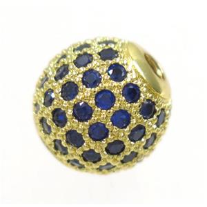 round copper beads paved blue zircon, gold plated, approx 12mm dia