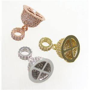 copper Bell pendant paved zircon, tassel bail, mix color, approx 8-13mm