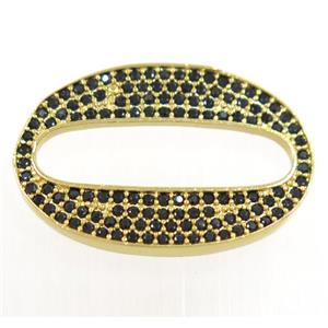 copper oval connector paved black zircon, gold plated, approx 18x25mm