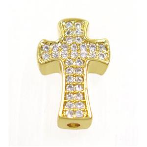 copper cross beads paved zircon, gold plated, approx 9x14mm