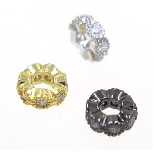 copper rondelle beads paved zircon, mix color, approx 6mm dia, 2.5mm hole