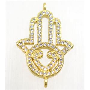 copper hamsahand connector paved zircon, gold plated, approx 18x23mm