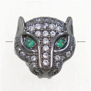 copper foxHead beads paved zircon, black plated, approx 11mm