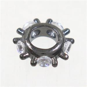 European style copper beads paved zircon, black plated, approx 10mm dia