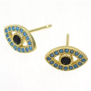 copper evil eye earring studs paved zircon, gold plated, approx 7-11mm