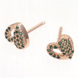 copper Heart earring studs paved zircon, rose gold, approx 7-8mm