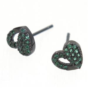 copper Heart earring studs paved zircon, black plated, approx 7-8mm